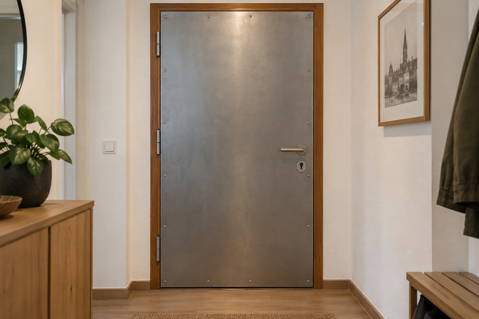 Face intérieure d’une porte renforcée par une tôle métallique