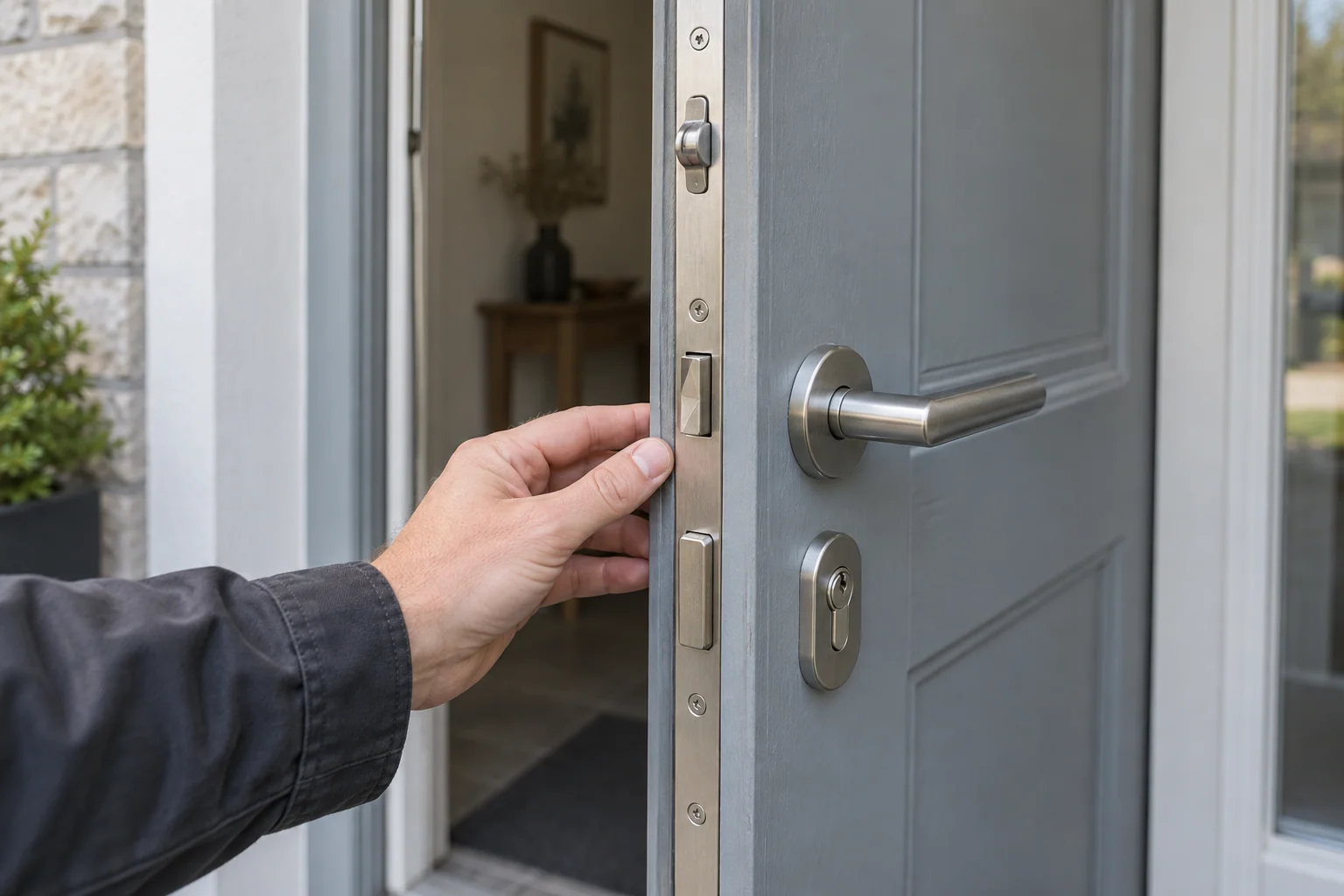 Mécanisme multipoints sur le chant d’une porte ouverte